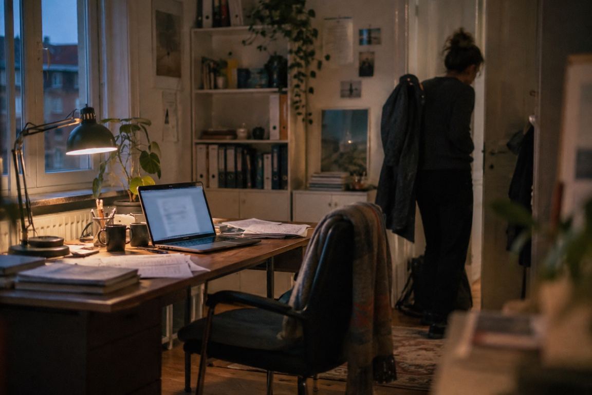 Büro am Abend: Unter der eingeschalteten Schreibtischlampe ist der Laptop noch an; im Hintergrund steht eine Frau an der Tür bei der Garderobe.