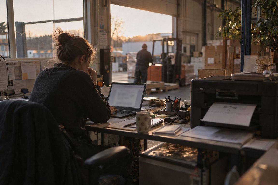 Frau arbeitet am Laptop in einem Büro mit Blick in eine Lagerhalle; draußen steht ein Mitarbeiter neben einem Gabelstapler, vorne ein Drucker.