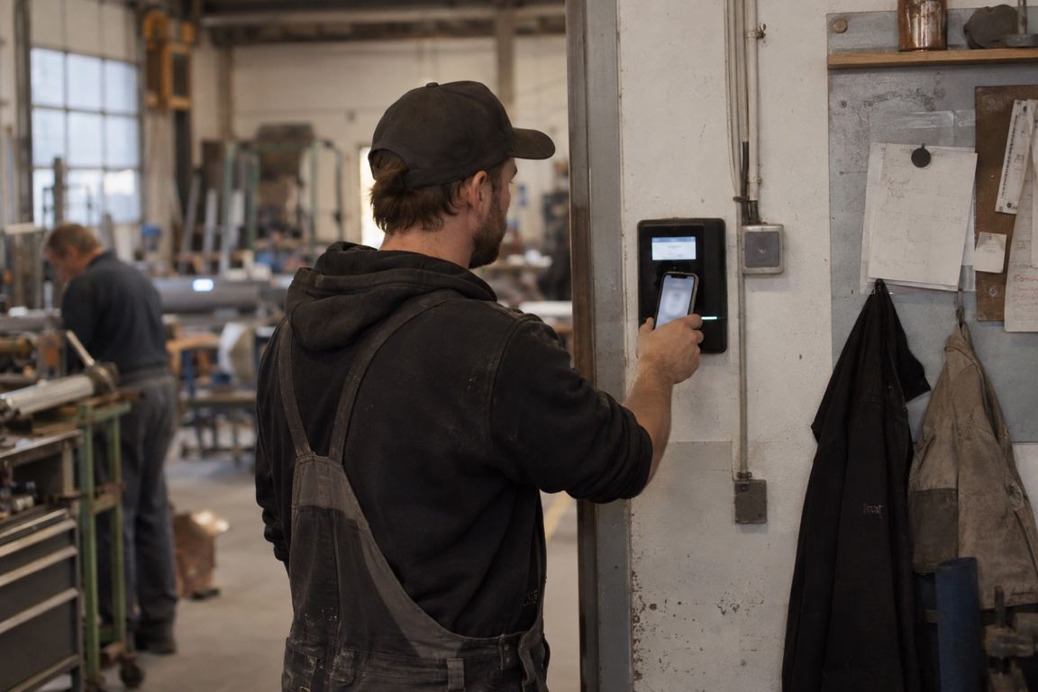 Mitarbeiter in Arbeitslatzhose hält am Werkstatteingang sein Smartphone an ein Zeiterfassungsgerät an der Wand; im Hintergrund arbeitet ein Kollege in der Werkstatthalle.