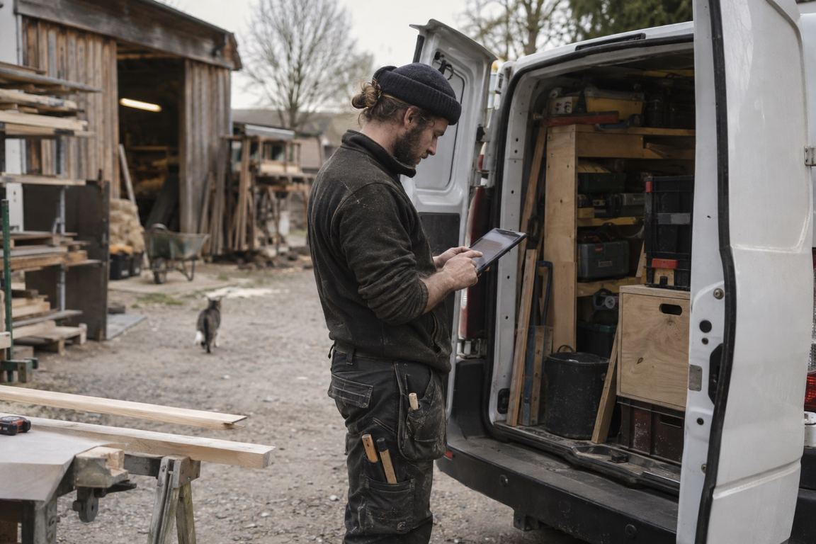 Handwerker steht vor dem geöffneten Laderaum seines Transporters und tippt auf einem Tablet; daneben liegen Holzlatten auf einem Bock, dahinter ein Holzlager.