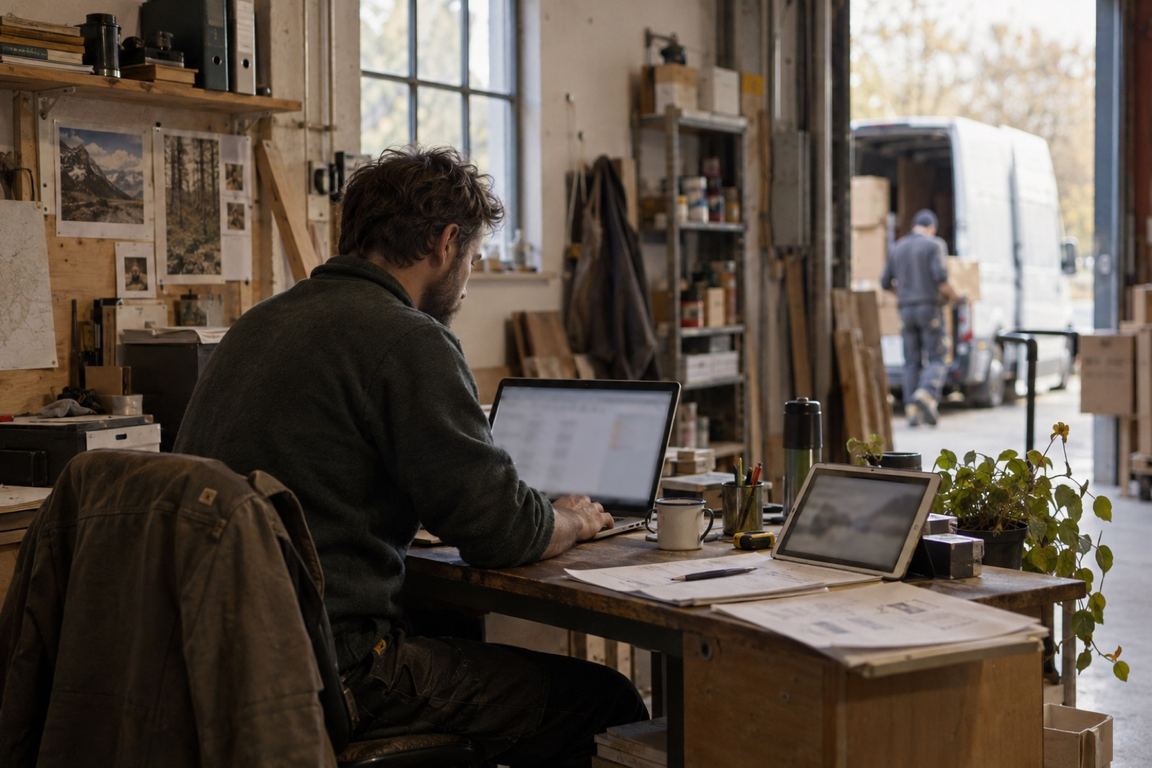 Inhaber sitzt im Büro seiner Werkstatt am Schreibtisch und arbeitet am Laptop, daneben steht ein Tablet; im Hintergrund belädt ein Mitarbeiter einen Transporter vor dem offenen Hallentor.