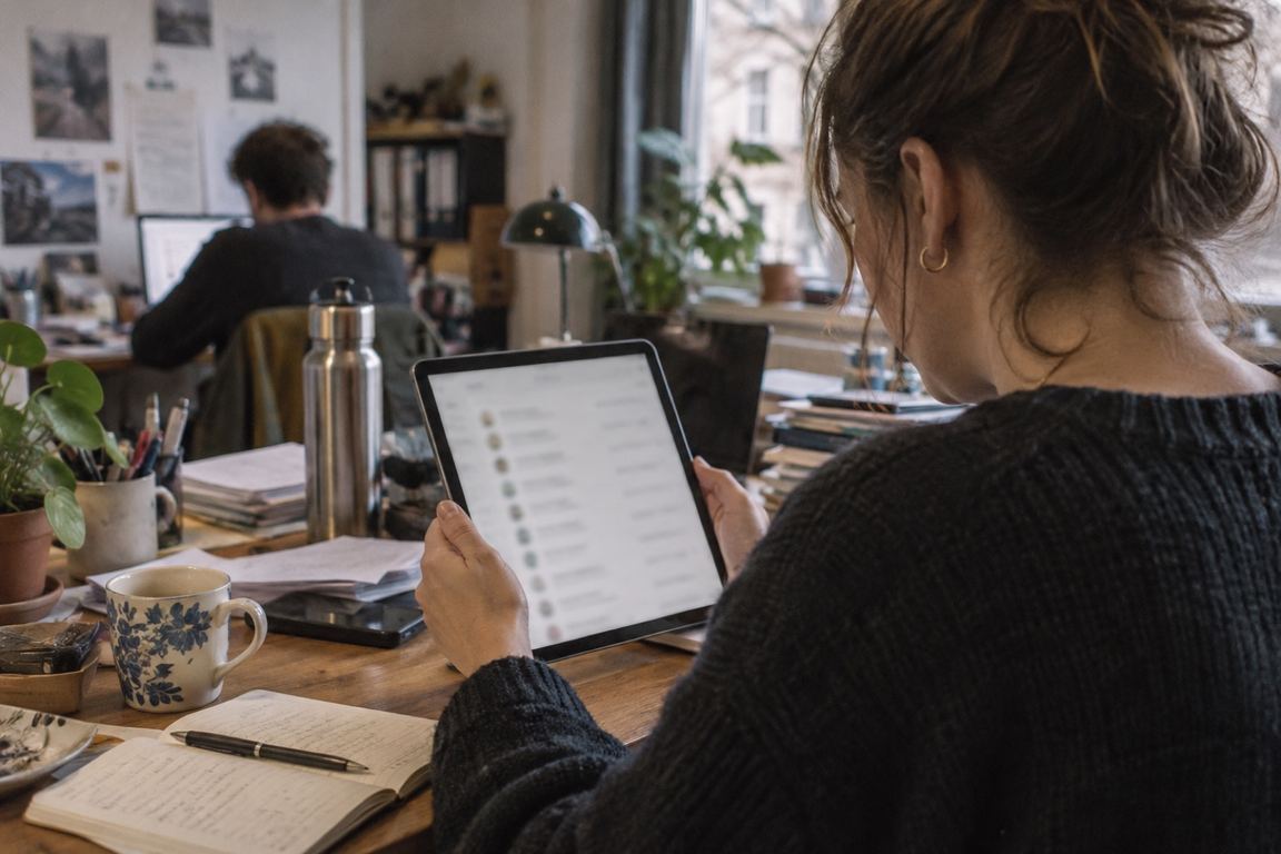 Frau hält im Büro ein Tablet mit einer Kundenliste in beiden Händen; auf dem Tisch liegen ein Notizbuch und eine Tasse, im Hintergrund arbeitet ein Kollege am Bildschirm.